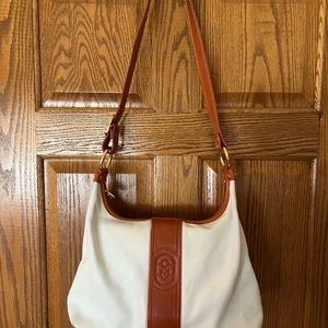 Marino Orlandi White Leather Orange Brick Stripe Zipper Shoulder Bag Purse